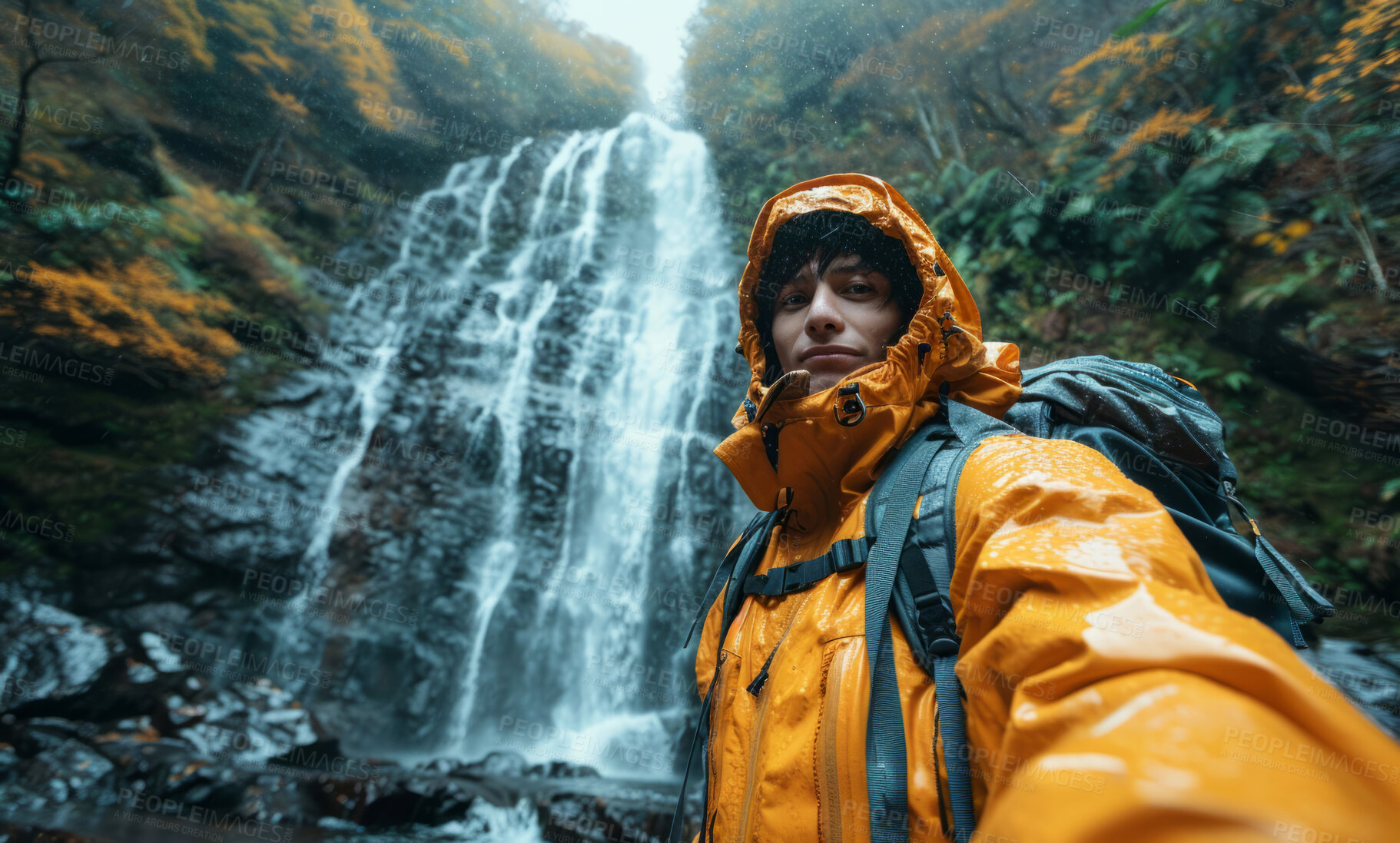 Buy stock photo Waterfall, portrait and selfie with hiking gear for travel, freedom or vacation. Health, activity and outdoors with person on landscape view for wellness, motivation or discovery in nature