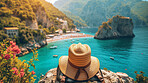 Relax, adventure and background with hiking gear for travel, freedom or vacation. Health, activity and outdoors with person on landscape view for wellness, motivation or discovery in nature