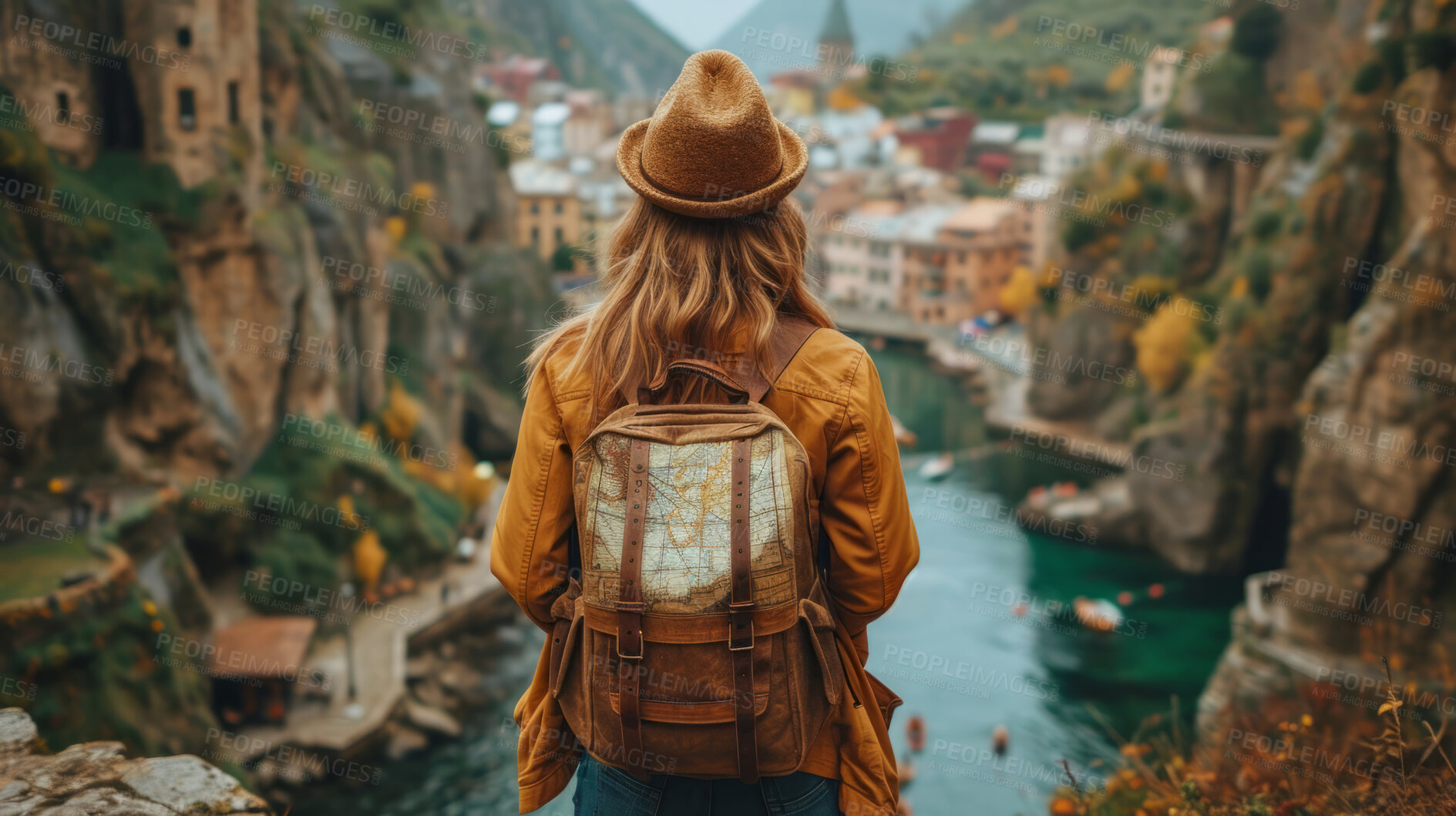 Buy stock photo Success, adventure and rock with woman hiking for travel, freedom or training vacation. Health, workout and bag with girl athlete on landscape view for winner, motivation or exercise in nature