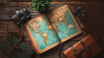 World map, adventure and background with camera for travel, freedom or vacation. Objects, activity and planning with illustration on table for wellness, motivation or discovery in nature