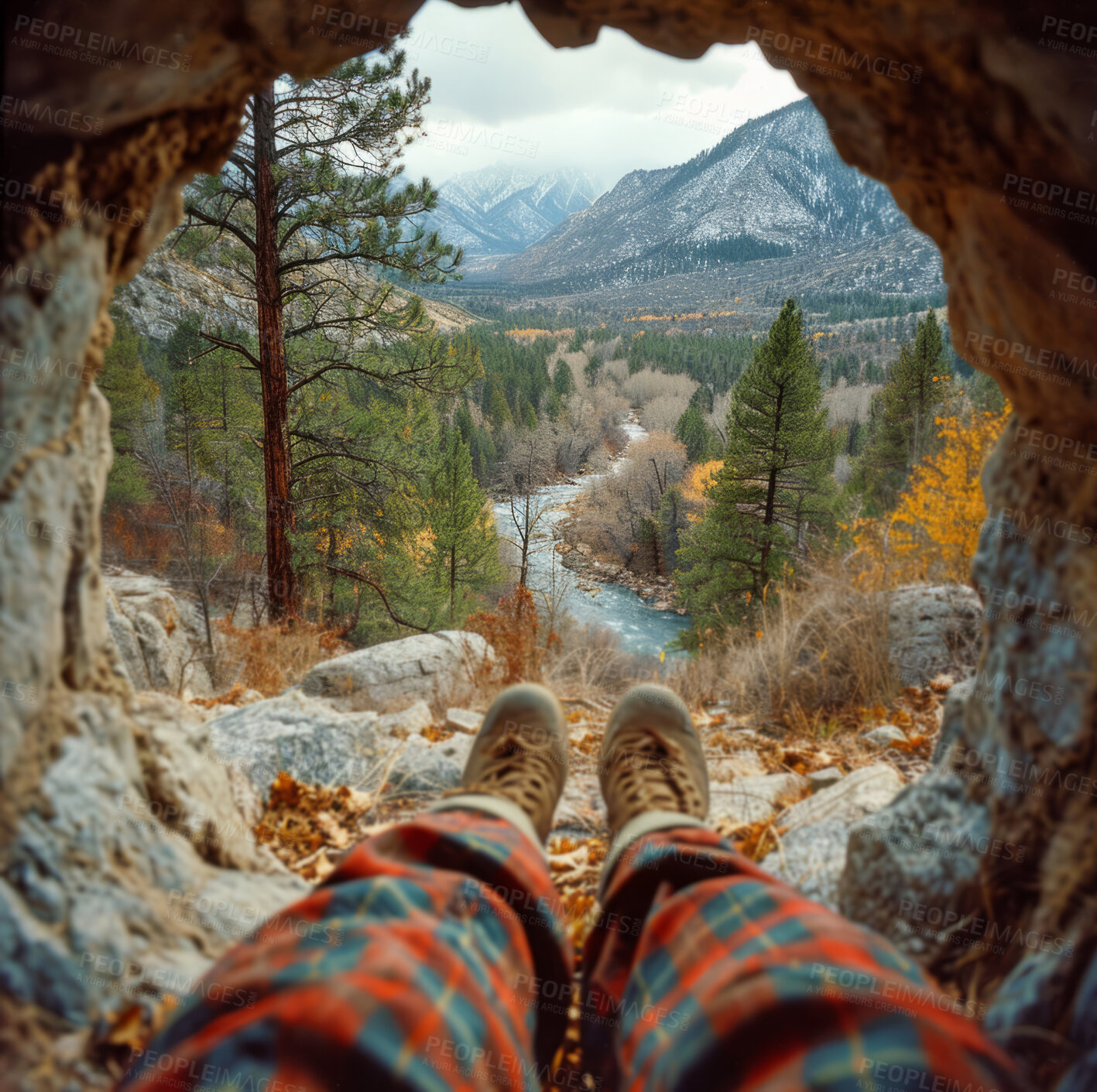 Buy stock photo Relax, adventure and background with hiking boots for travel, freedom or vacation. Health, activity and outdoors with person on landscape view for wellness, motivation or discovery in nature