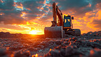 Excavator, ground and career, sunset at construction site with maintenance, contractor and clouds in landscape. Engineer, working and preparing, urban infrastructure and vision for renovation