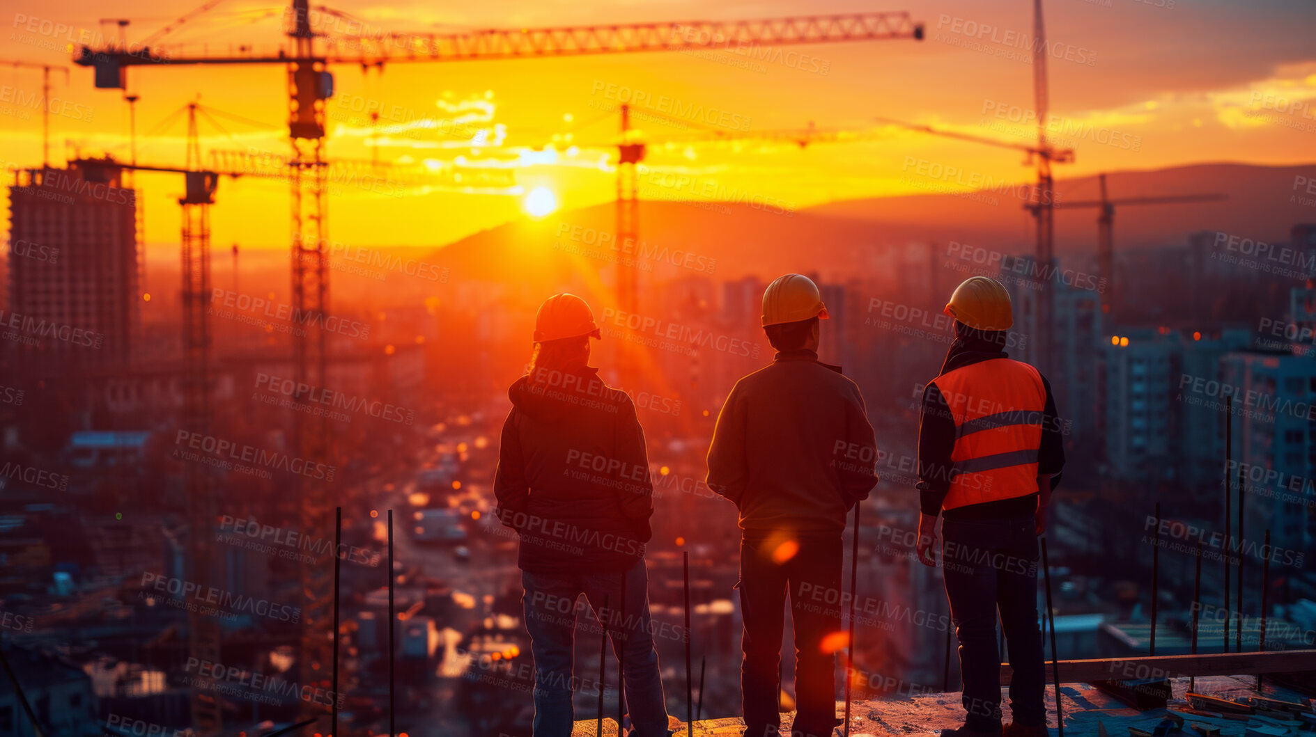 Buy stock photo Construction worker, silhouette and team for building development, maintenance and property upgrade together. Teamwork, collaboration and handyman with tools on real estate project on construction site