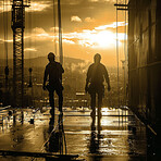 Construction worker, silhouette and team for building development, maintenance and property upgrade together. Teamwork, collaboration and handyman with tools on real estate project on construction site