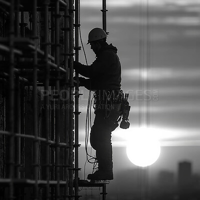 Construction worker, silhouette and hard hat for building development, maintenance and property upgrade. Foreman, collaboration and handyman with tools on real estate project on construction site