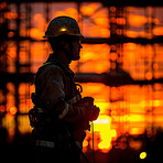 Construction worker, silhouette and hard hat for building development, maintenance and property upgrade. Foreman, collaboration and handyman with tools on real estate project on construction site