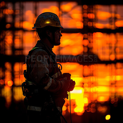 Construction worker, silhouette and hard hat for building development, maintenance and property upgrade. Foreman, collaboration and handyman with tools on real estate project on construction site