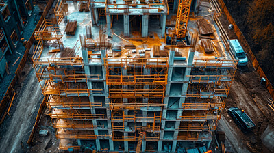 Scaffolding, background and ground for building, construction site and maintenance with contractor, teamwork and landscape. Engineer, working and preparing for infrastructure, vision and renovation
