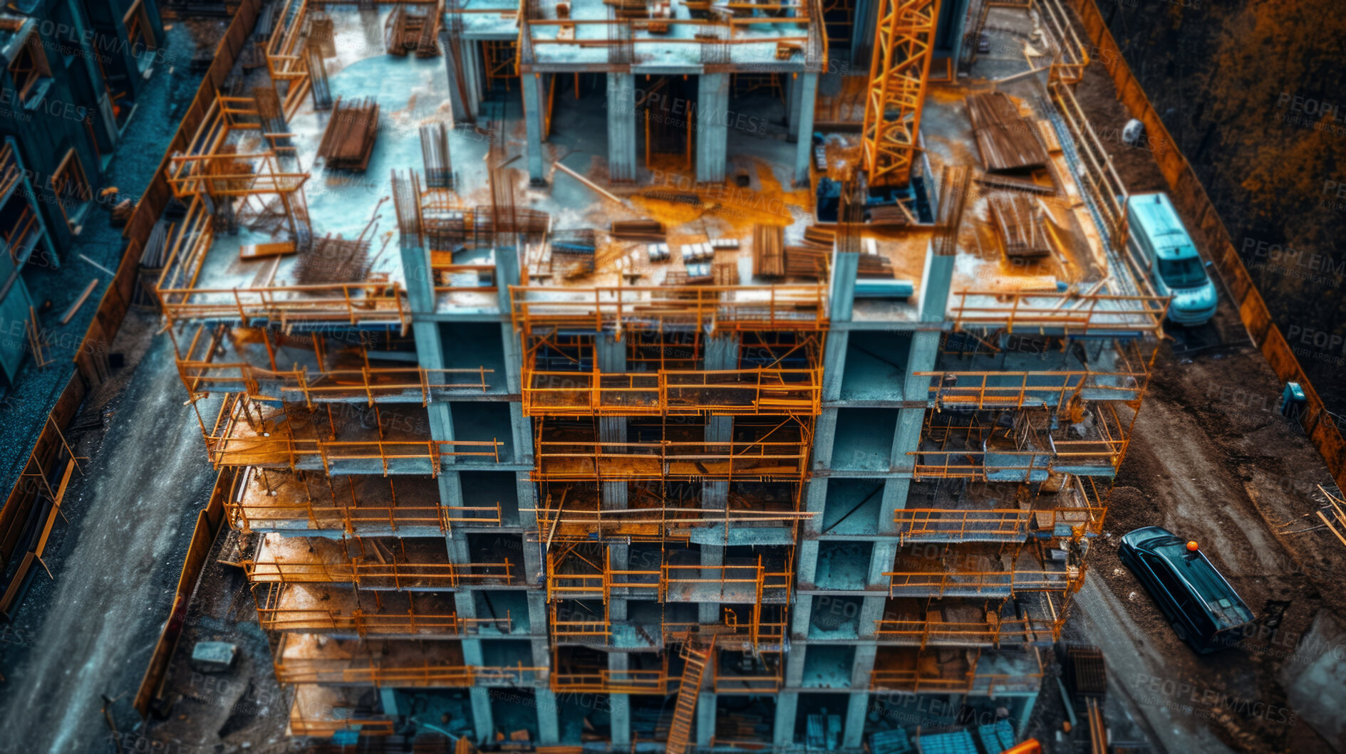 Buy stock photo Scaffolding, background and ground for building, construction site and maintenance with contractor, teamwork and landscape. Engineer, working and preparing for infrastructure, vision and renovation