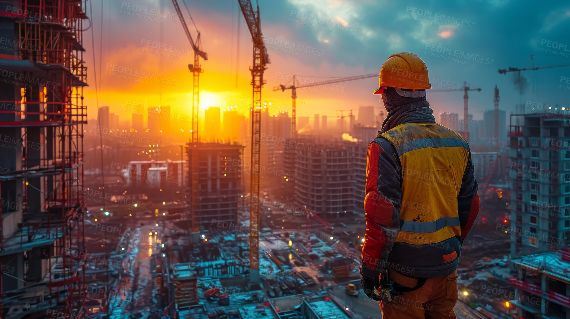 Buy stock photo Development, background and engineer for building, construction site and maintenance with contractor, teamwork and landscape. Man working and preparing for infrastructure, vision and renovation