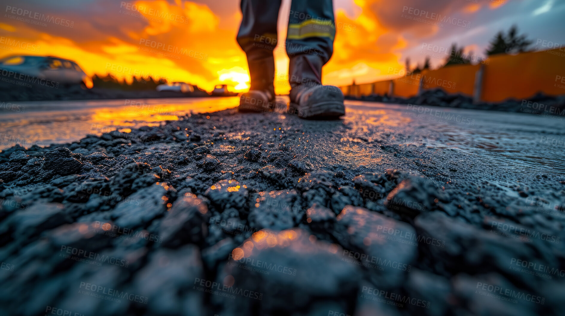 Buy stock photo Safety boots, background and engineer for building, construction site and maintenance with contractor, teamwork and landscape. Man working and preparing for infrastructure, vision and renovation