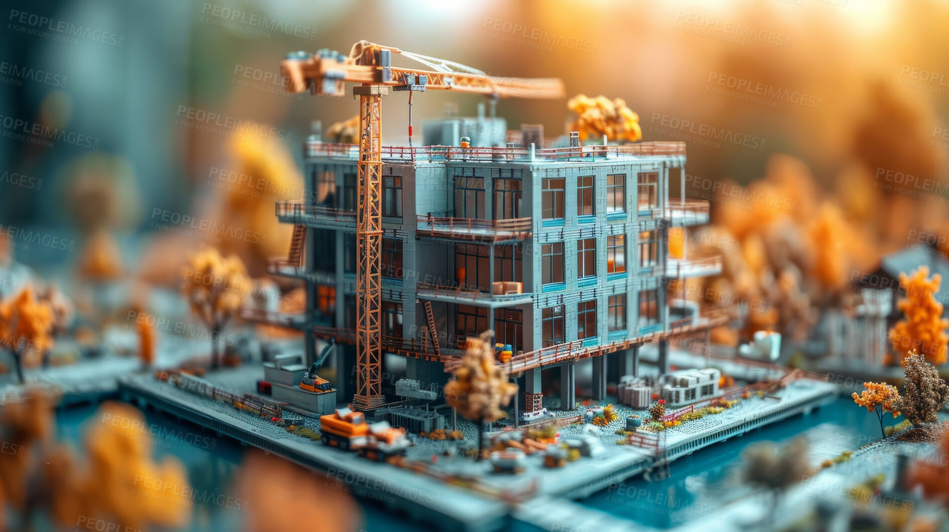 Buy stock photo Miniature, background and ground for building, construction site and maintenance with contractor, teamwork and landscape. Engineer, working and preparing for infrastructure, vision and renovation