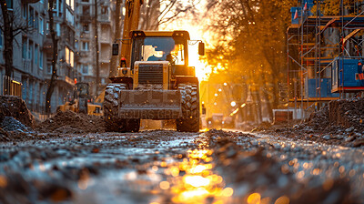 Tractor, ground and career, building at construction site with maintenance, contractor and clouds in landscape. Engineer, working and preparing for urban, infrastructure and vision for renovation
