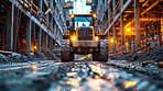 Tractor, ground and career, building at construction site with maintenance, contractor and clouds in landscape. Engineer, working and preparing for urban, infrastructure and vision for renovation