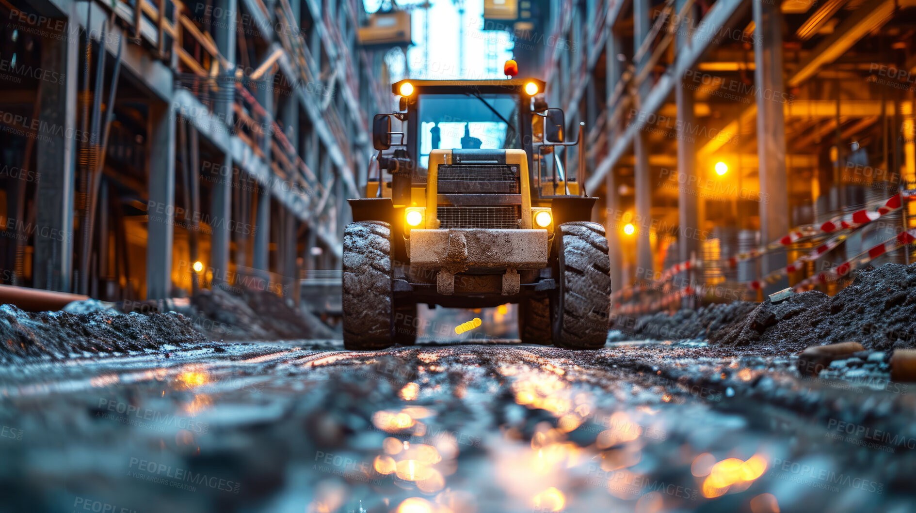 Buy stock photo Tractor, ground and career, building at construction site with maintenance, contractor and clouds in landscape. Engineer, working and preparing for urban, infrastructure and vision for renovation