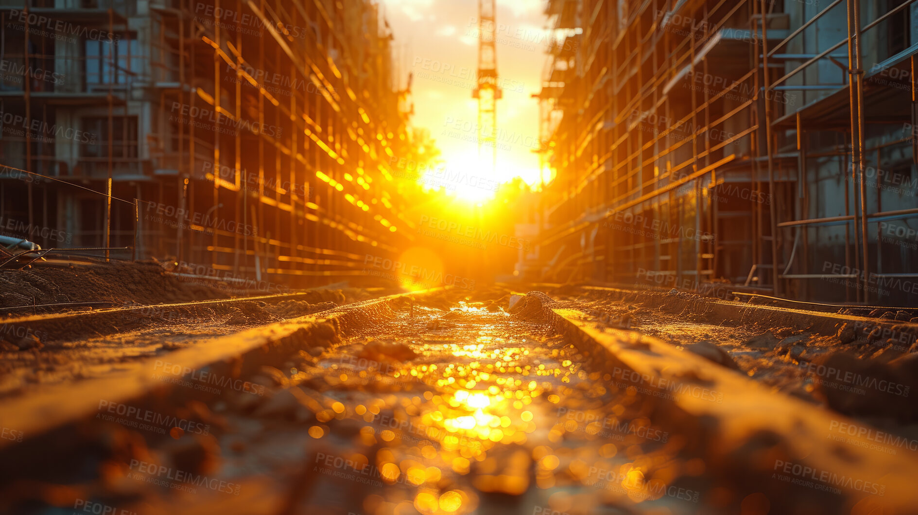 Buy stock photo Sunrise, background and morning for building, construction site and maintenance with contractor, crane and landscape. Engineer, working and preparing, urban infrastructure and vision for renovation