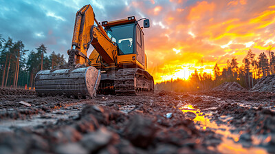 Excavator, ground and career, sunset at construction site with maintenance, contractor and clouds in landscape. Engineer, working and preparing, urban infrastructure and vision for renovation
