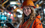 Woman, portrait and career, inspection at construction site with maintenance, contractor and smile in portrait. Engineer,  thinking and building, urban infrastructure and vision for renovation