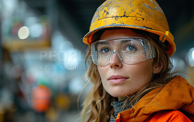 Woman, architect and career, inspection at construction site with maintenance, contractor and smile in portrait. Engineer, thinking and building, urban infrastructure and vision for renovation