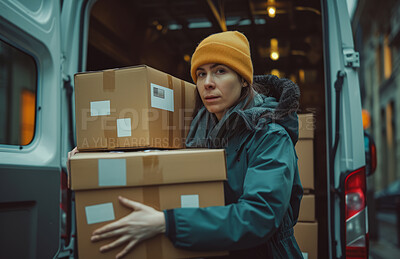 Delivery, cardboard box and woman holding a package for courier business company or product distribution. Portrait, closeup and parcel handover to consumer for online shopping, ecommerce or shipment