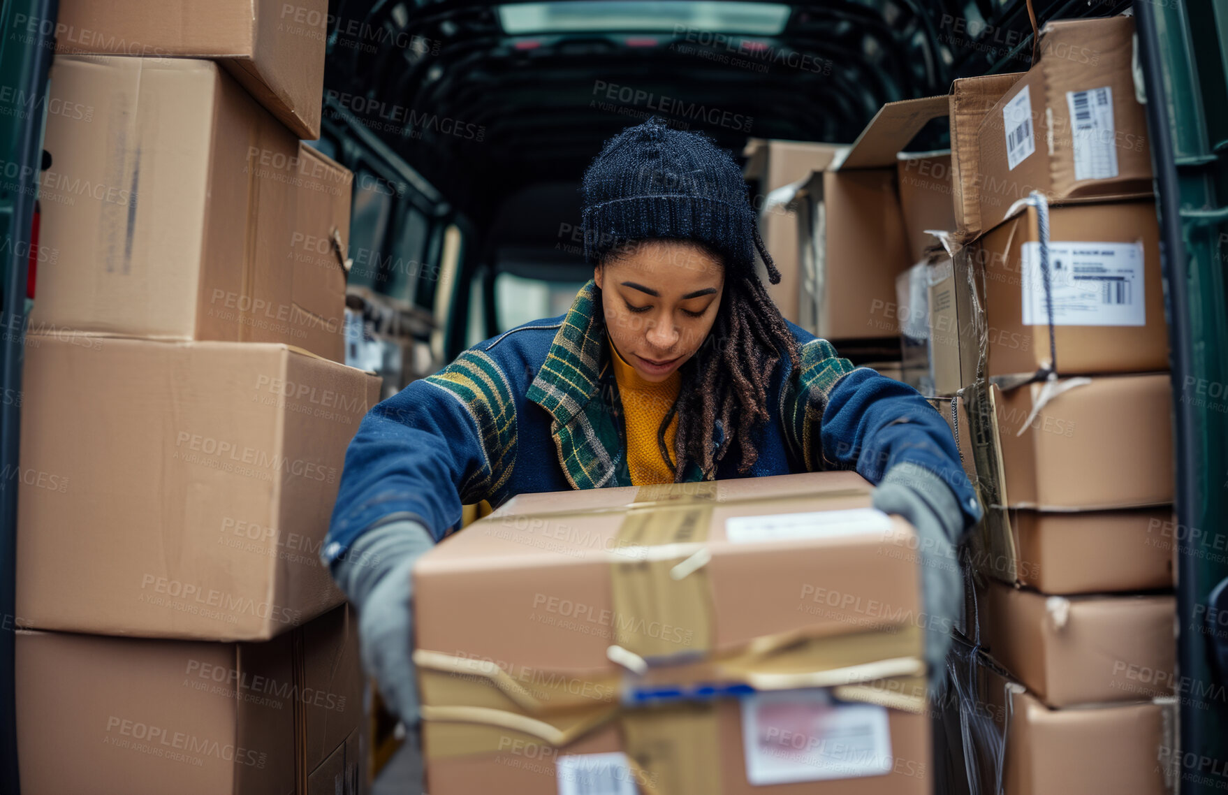 Buy stock photo Delivery, cardboard box and woman holding a package for courier business company or product distribution. Portrait, closeup and parcel handover to consumer for online shopping, ecommerce or shipment