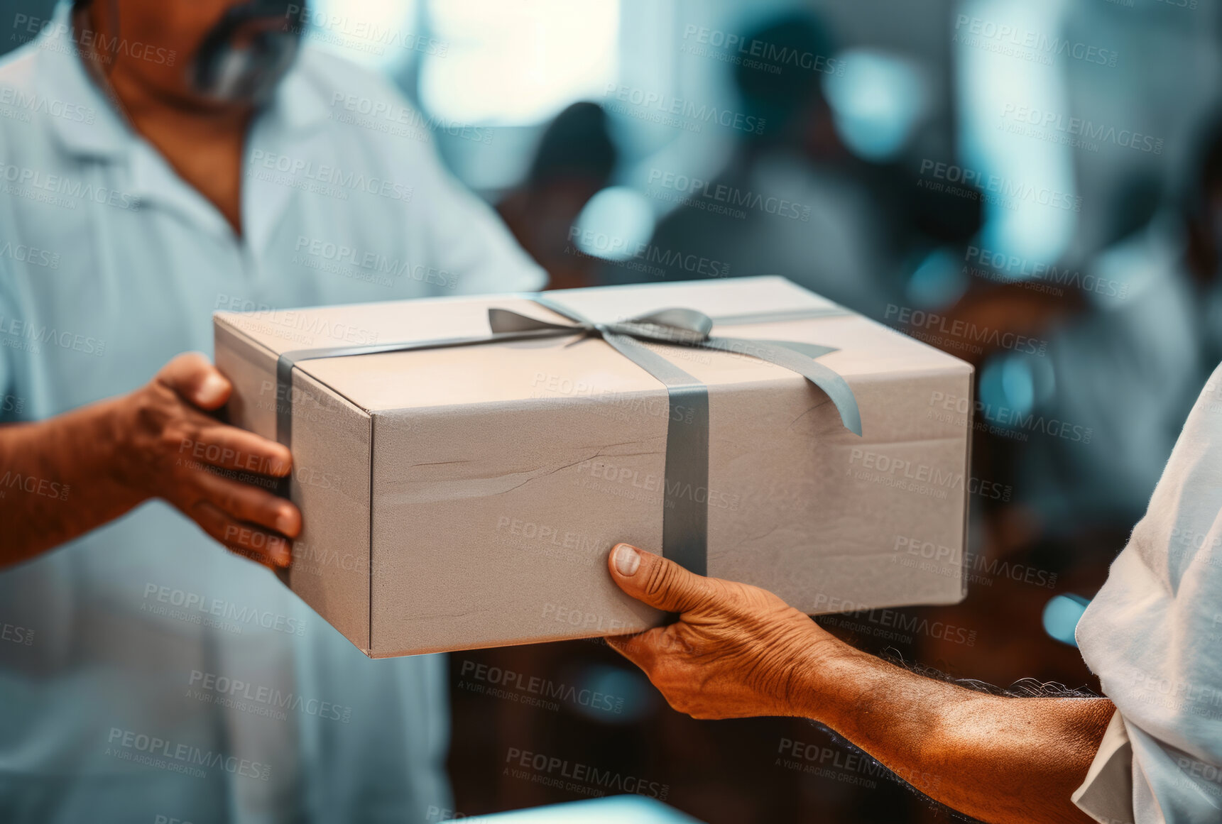 Buy stock photo Delivery, cardboard box and man holding a package for courier business company or moving in concept. Closeup, cropped and parcel handover to consumer for online shopping, ecommerce or shipment