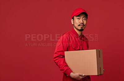 Delivery, cardboard box and man holding a package for courier business company or product distribution. Portrait, male closeup and parcel handover to consumer for online shopping, ecommerce or shipment