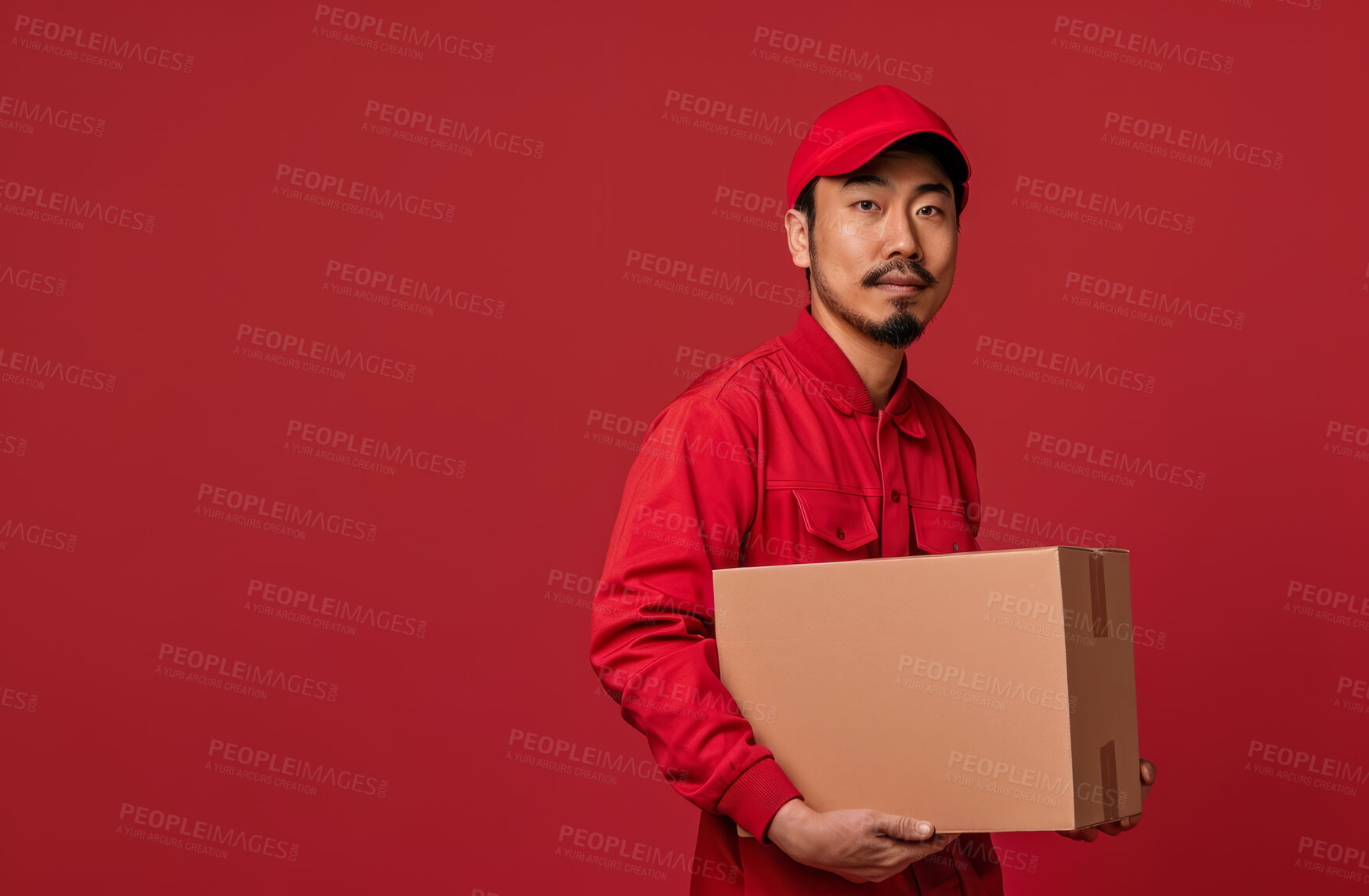 Buy stock photo Delivery, cardboard box and man holding a package for courier business company or product distribution. Portrait, male closeup and parcel handover to consumer for online shopping, ecommerce or shipment