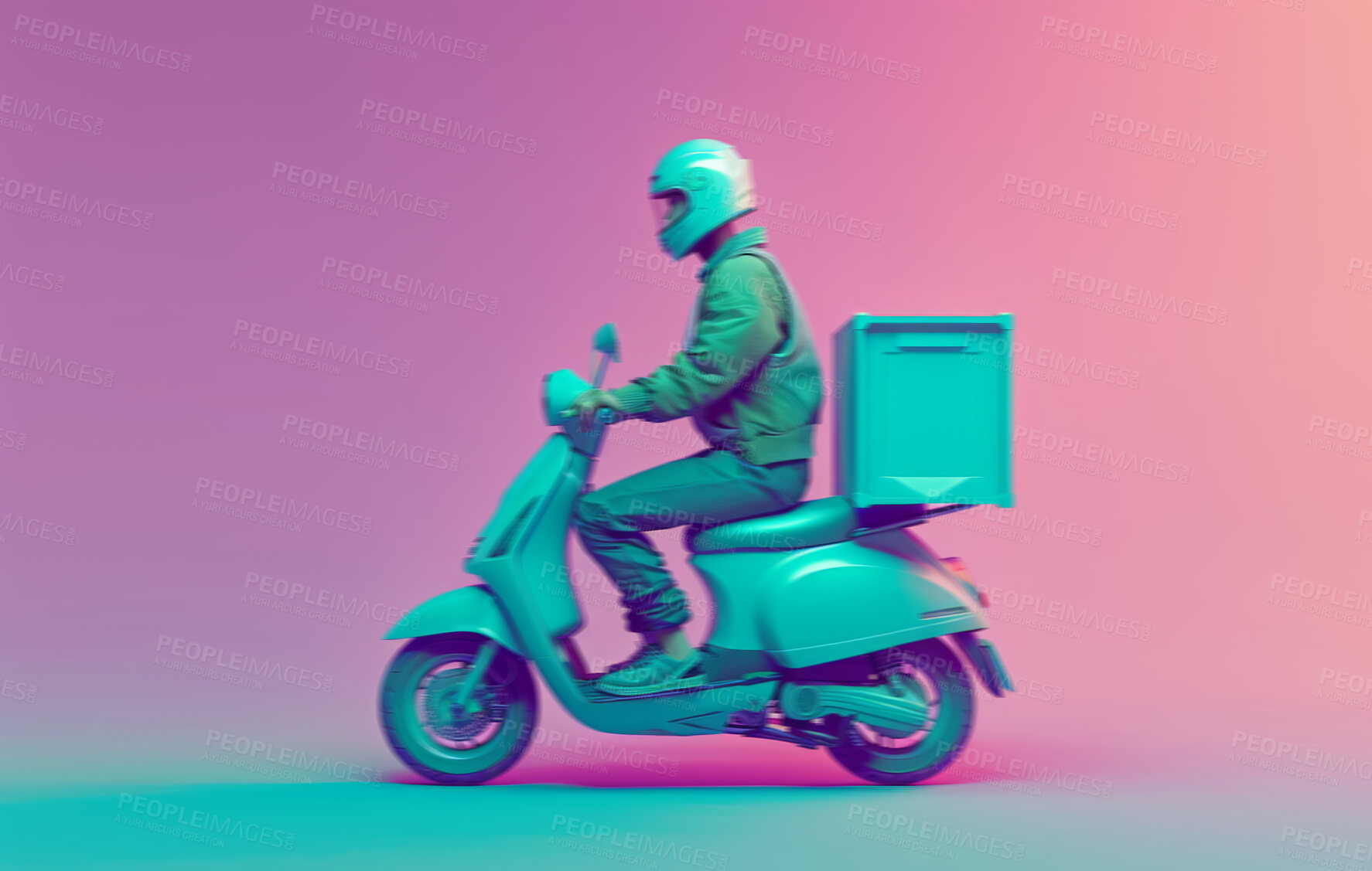 Buy stock photo Delivery service, scooter and man driving a bike for courier business company, food parcel transport or app. Motorcycle, transportation and employee for online shopping, ecommerce or shipment