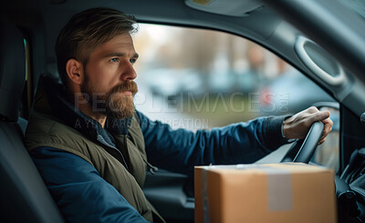 Courier van, package delivery and male driver in transportation for online shopping services , distribution and branding. Confident, minivan or transport diesel vehicle for product trading or parcels