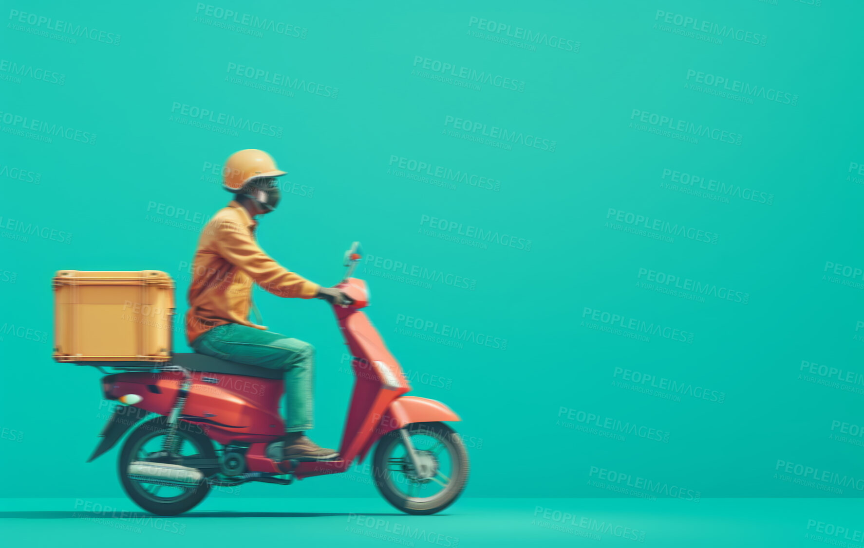 Buy stock photo Delivery service, scooter and man driving a bike for courier business company, food parcel transport or app. Motorcycle, transportation and employee for online shopping, ecommerce or shipment