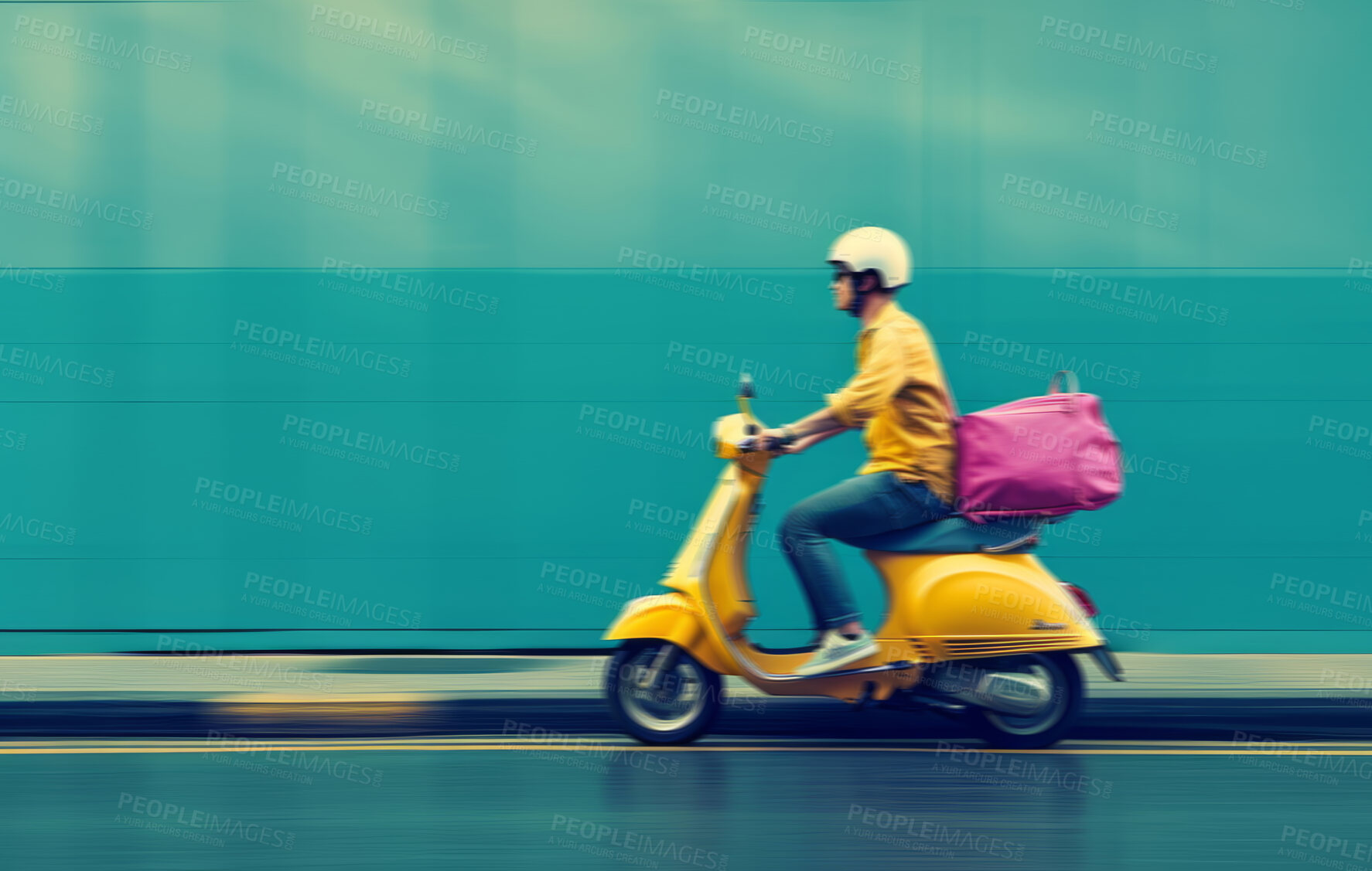 Buy stock photo Delivery service, scooter and man driving a bike for courier business company, food parcel transport or app. Motorcycle, transportation and employee for online shopping, ecommerce or shipment