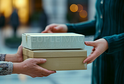 Delivery, cardboard box and man holding a package for courier business company or moving in concept. Closeup, cropped and parcel handover to consumer for online shopping, ecommerce or shipment