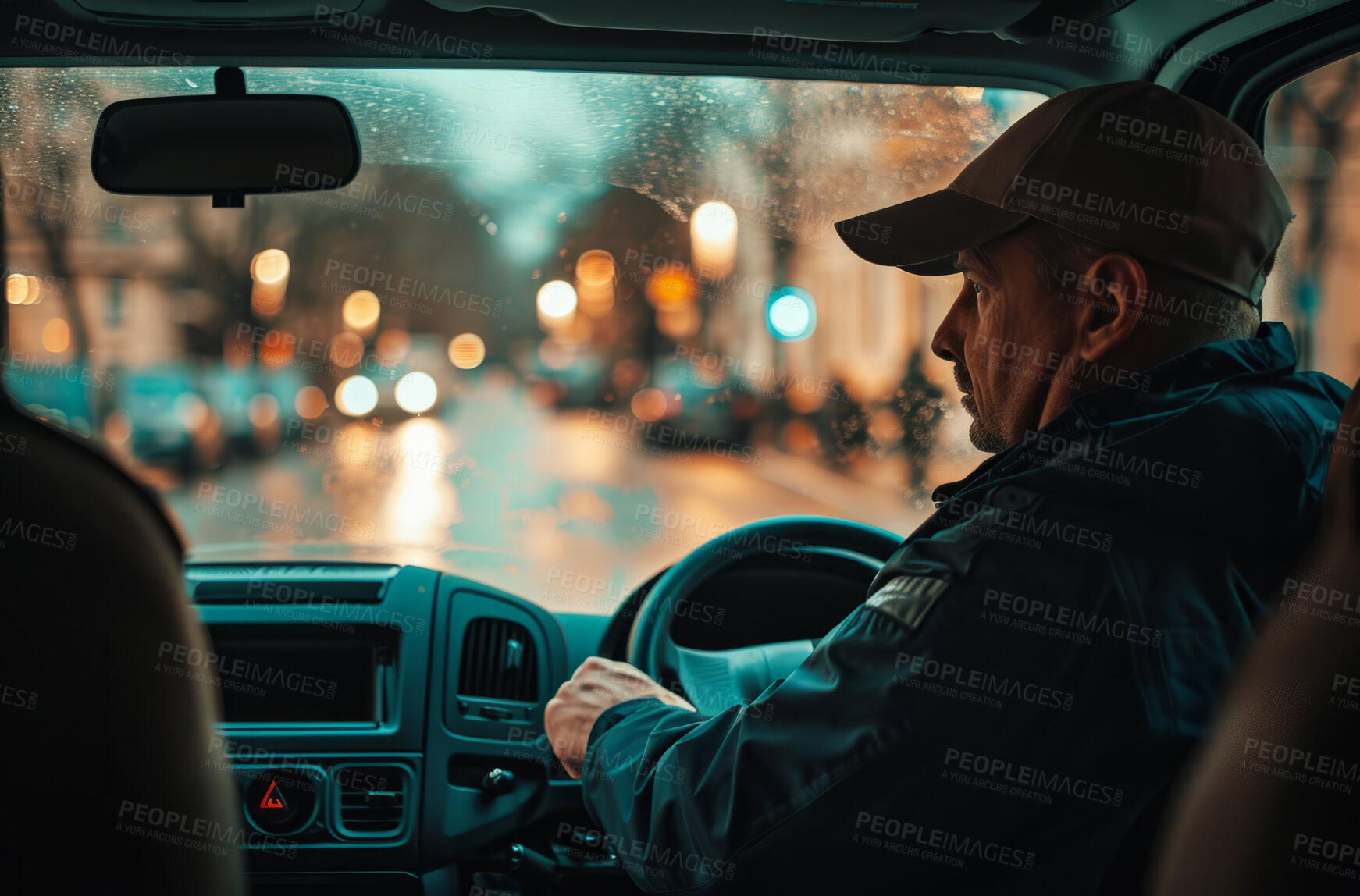 Buy stock photo Courier van, package delivery and male driver in transportation for online shopping services , distribution and branding. Confident, minivan or transport diesel vehicle for product trading or parcels