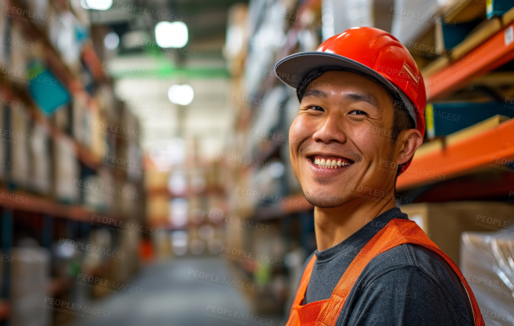 Buy stock photo Warehouse, business and man employee or manager checking with happy smile for courier service, delivery or exports. Confident, successful and hard working male at factory for parcels or inventory