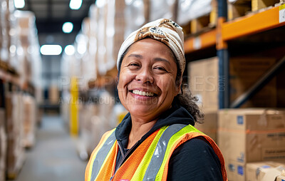 Warehouse, business and woman employee checking stock or product for courier service, delivery or exports. Confident, successful and hard working female inspecting at factory for parcels or inventory