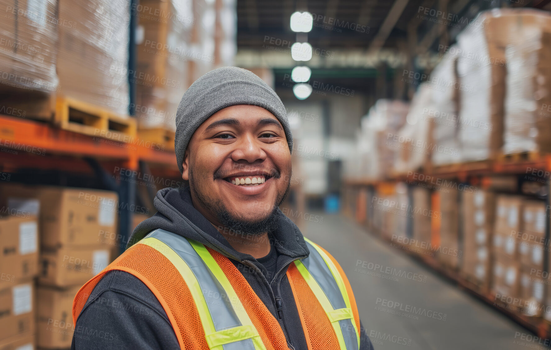 Buy stock photo Warehouse, business and man employee or manager checking with happy smile for courier service, delivery or exports. Confident, successful and hard working male at factory for parcels or inventory