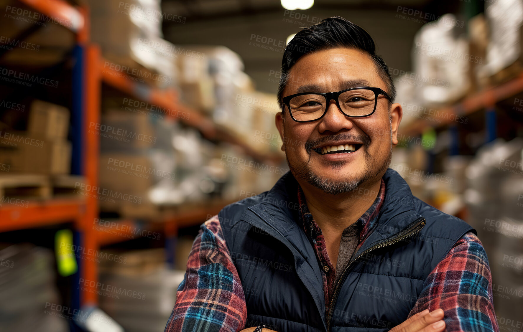 Buy stock photo Warehouse, business and man employee or manager checking with happy smile for courier service, delivery or exports. Confident, successful and hard working male at factory for parcels or inventory