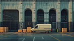 Courier van, package delivery and warehouse transportation services for online shopping, distribution and branding mockup. White, minivan and transport diesel vehicle for product trading or parcels