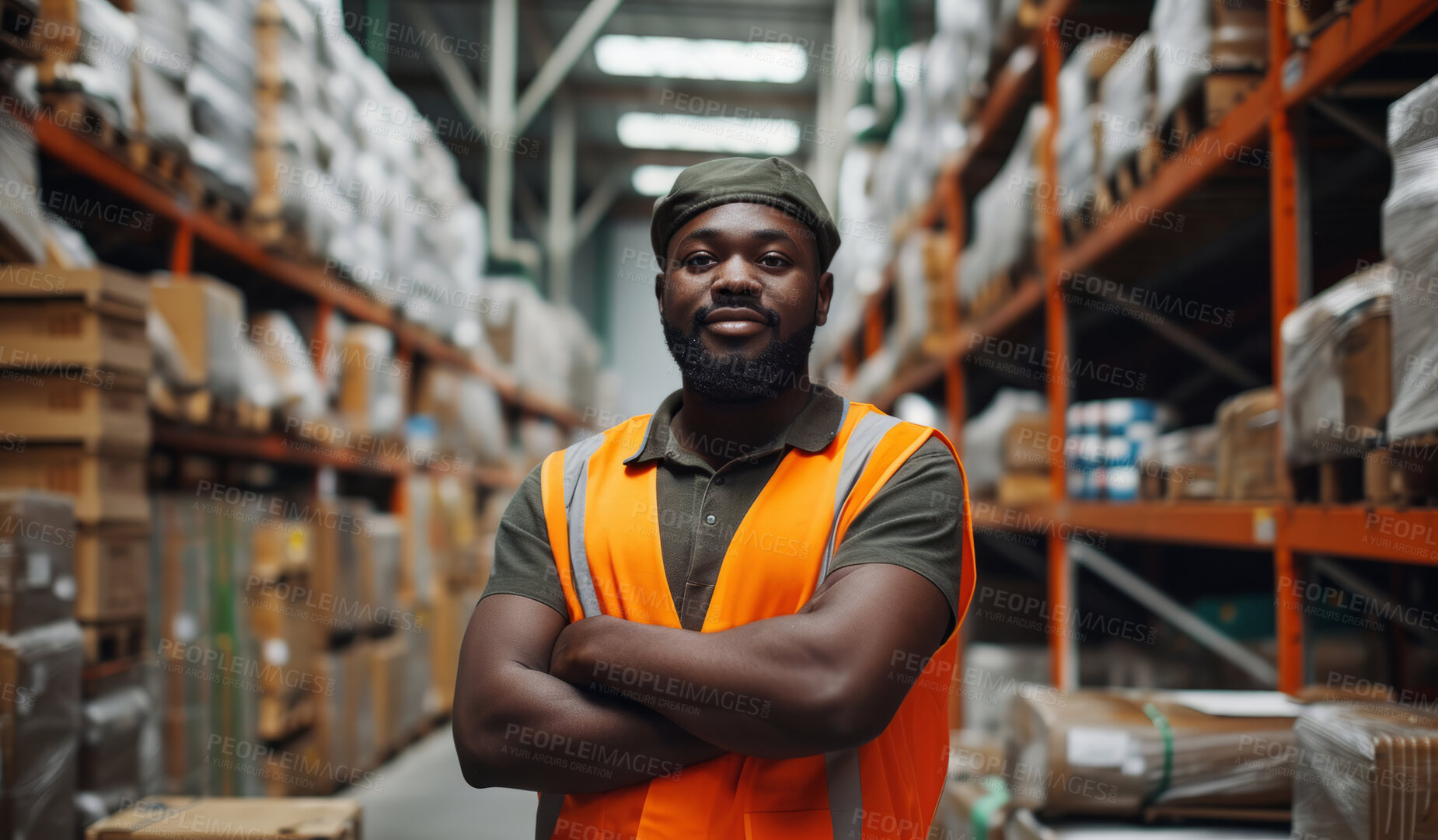 Buy stock photo Warehouse, business and man employee and manager checking with smile for courier service, delivery or exports. Confident, successful and hard working male at factory for parcels or inventory