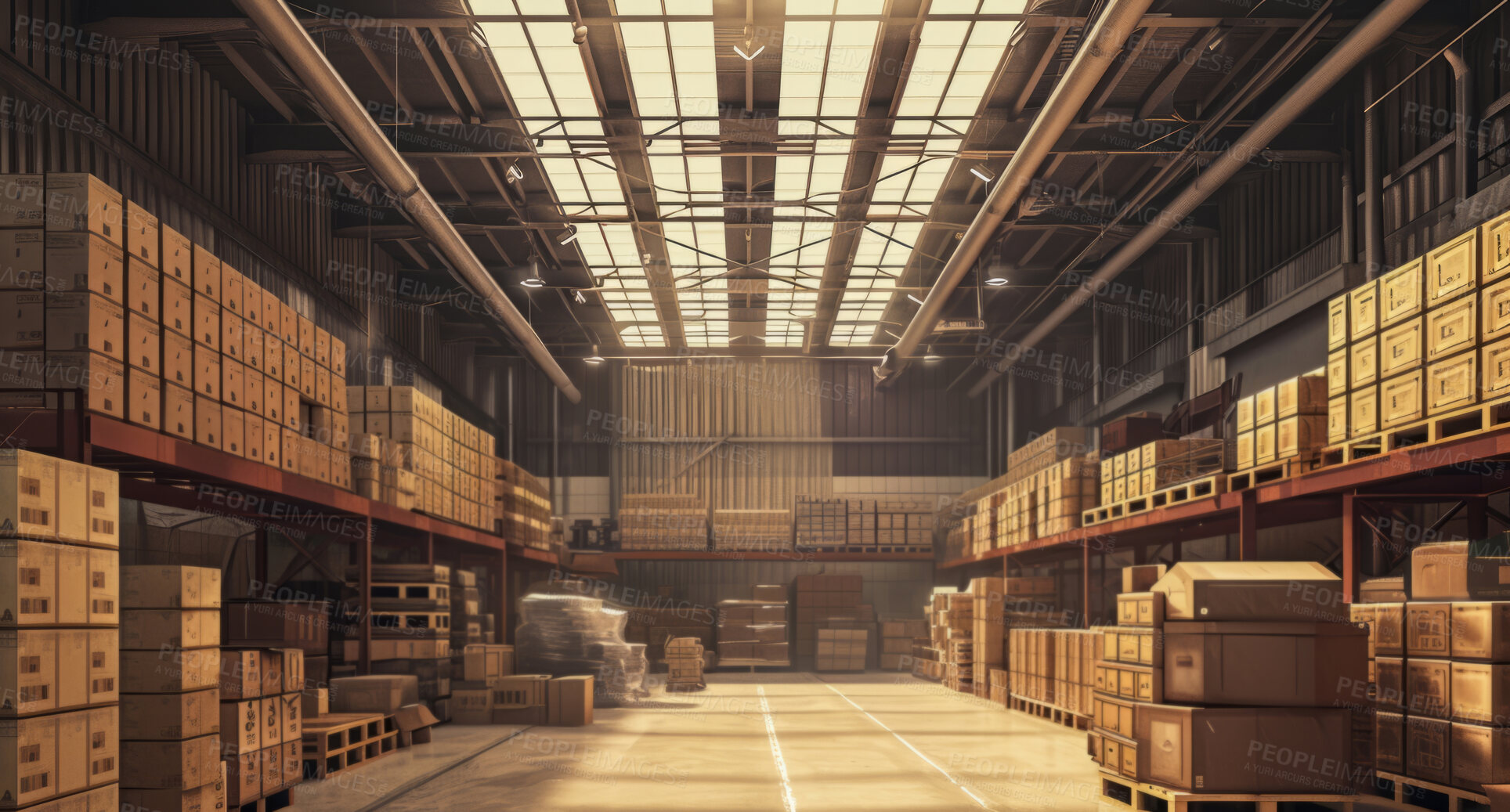 Buy stock photo Warehouse, business and cardboard box storehouse for courier service, delivery or international exports. Empty, distribution and industrial shelves with parcels for factory, imports and online orders