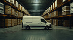 Courier van, package delivery and warehouse transportation services for online shopping, distribution and branding mockup. White, minivan and transport diesel vehicle for product trading or parcels