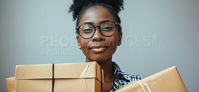 Young woman, cardboard box and girl holding a parcel from courier service, delivery or exports. Black, African American and female with package from online shopping, application and moving in concept