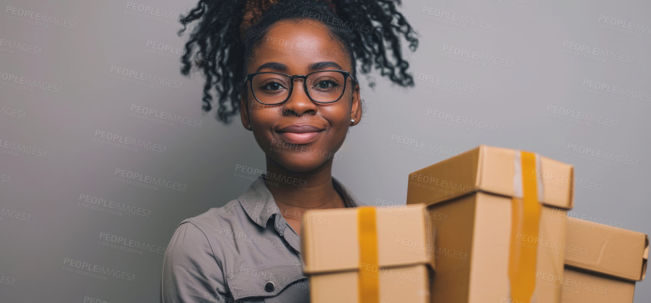 Buy stock photo Young woman, cardboard box and girl holding a parcel from courier service, delivery or exports. Black, African American and female with package from online shopping, application and moving in concept