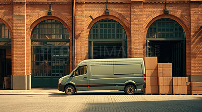 Courier van, package delivery and warehouse transportation services for online shopping, distribution and branding mockup. White, minivan and transport diesel vehicle parked for product trading, parcels and moving concept