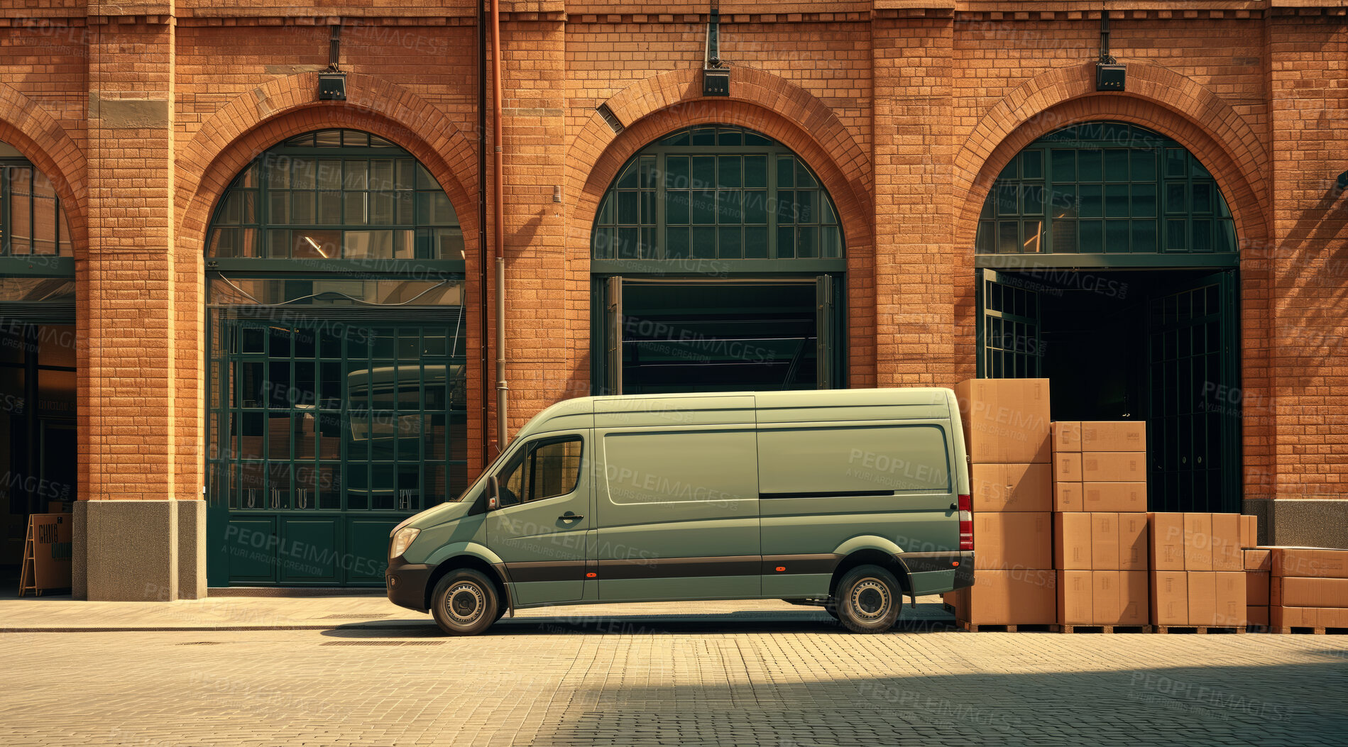 Buy stock photo Courier van, package delivery and warehouse transportation services for online shopping, distribution and branding mockup. White, minivan and transport diesel vehicle for product trading or parcels