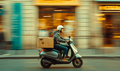 Delivery service, scooter and man driving a bike for courier business company, food parcel transport or app. Motorcycle, transportation and employee for online shopping, ecommerce or shipment