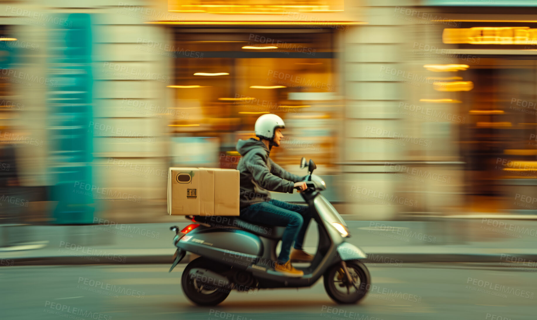 Buy stock photo Delivery service, scooter and man driving a bike for courier business company, food parcel transport or app. Motorcycle, transportation and employee for online shopping, ecommerce or shipment