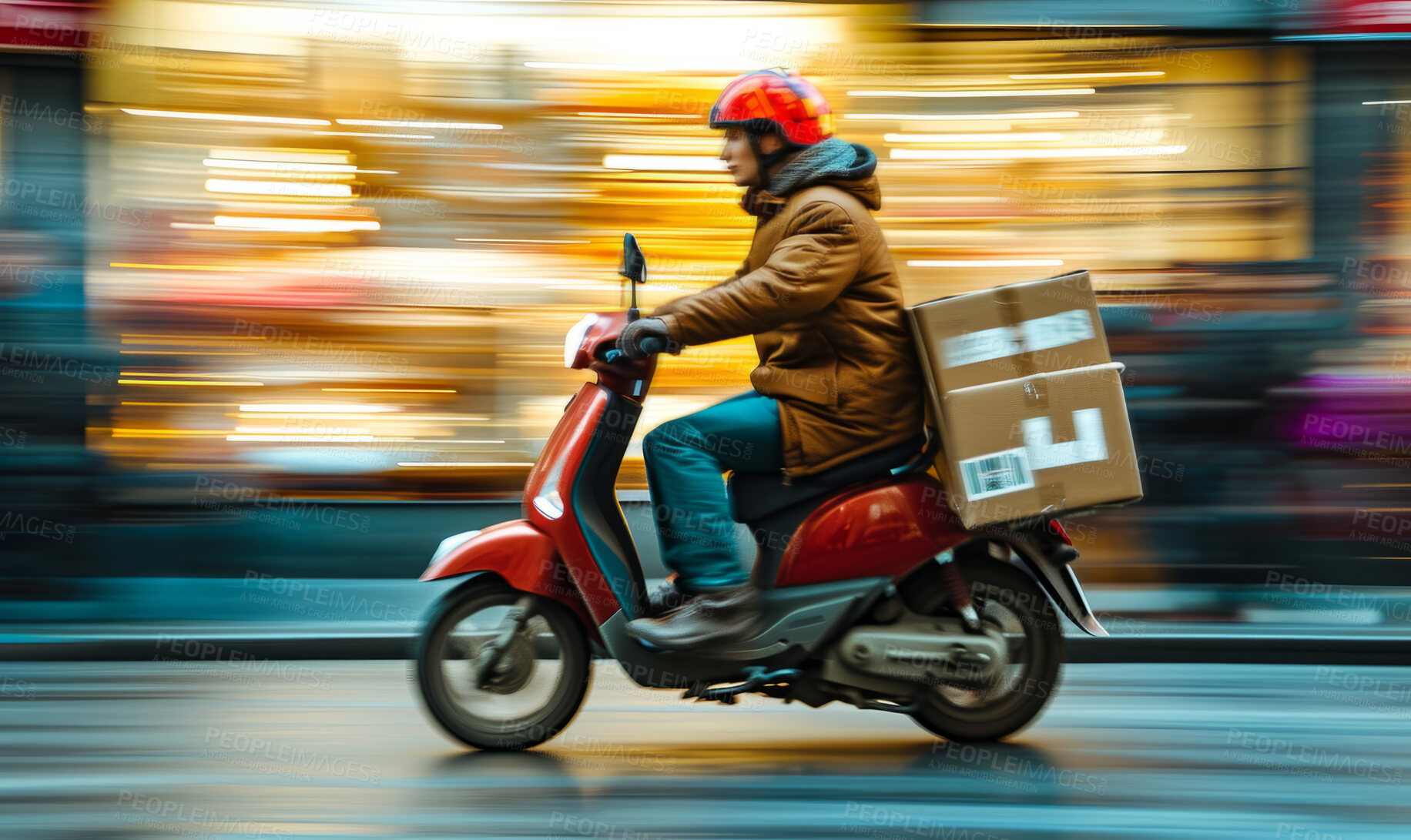 Buy stock photo Delivery service, scooter and man driving a bike for courier business company, food parcel transport or app. Motorcycle, transportation and employee for online shopping, ecommerce or shipment