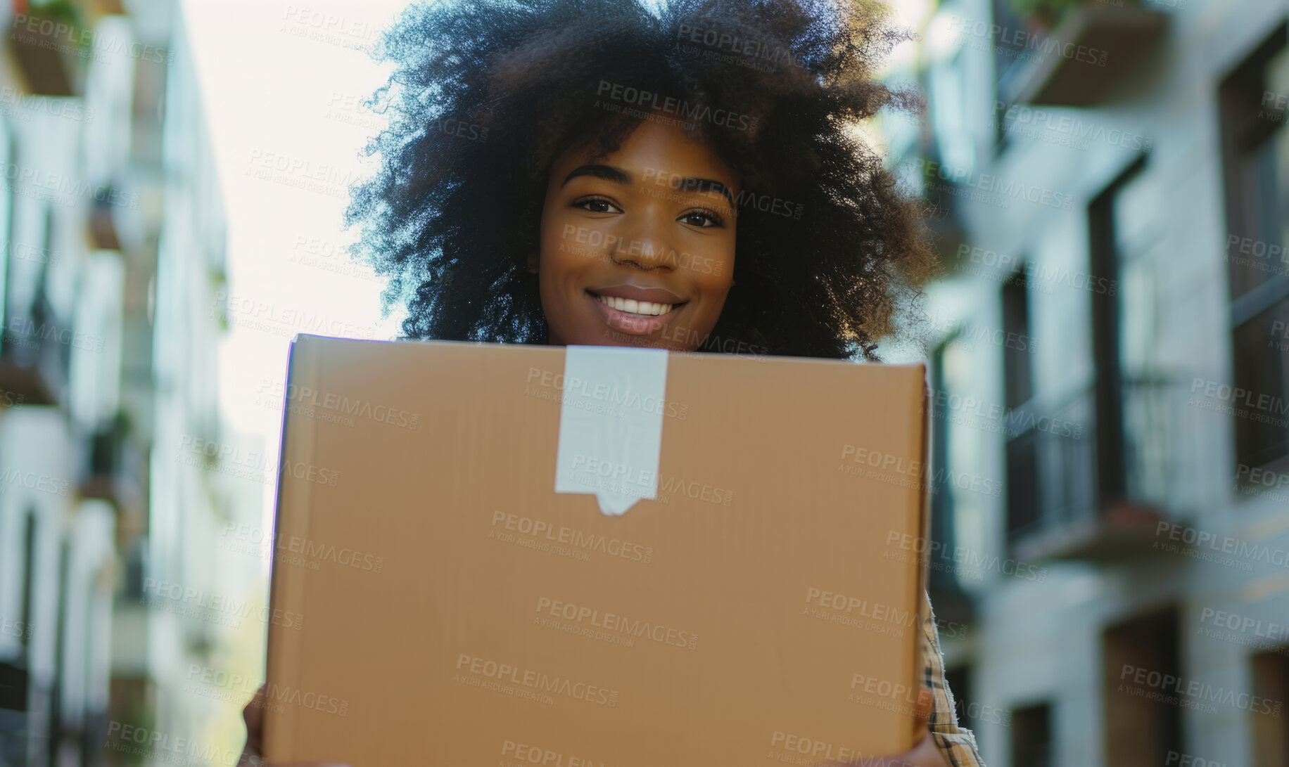 Buy stock photo Young woman, cardboard box and girl holding a parcel from courier service, delivery or exports. Black, African American and female with package from online shopping, application and moving in concept